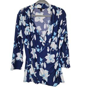 Stitch Fix 41 Hawthorn Henri Blue Floral Faux Wrap Side Gathered 3/4 Sleeve Top